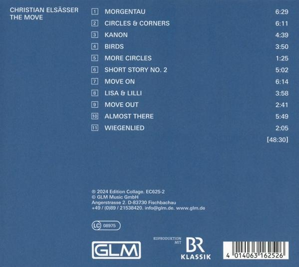 CD-Cover: Christian Elsässer, 'The Move'. Titelliste enthält 'Morgentau' und 'Circles & Corners'. Enthält das GLM Music Logo.
