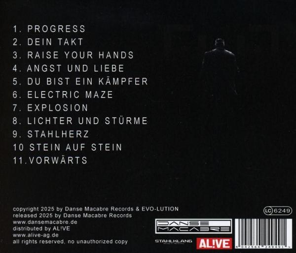 Albumcover mit Titelliste und einer Silhouette einer Person. Dunkler Hintergrund, mit Urheberrecht- und Labelangaben unten.