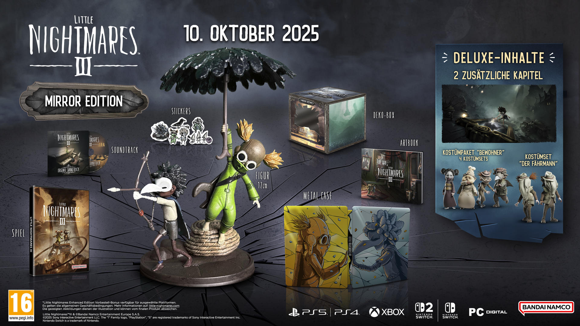 Das Bild zeigt das Spiel Little Nightmares III. Enthält Figur, Aufkleber, Artbook, Metallkoffer und Deluxe-Inhaltsdetails.