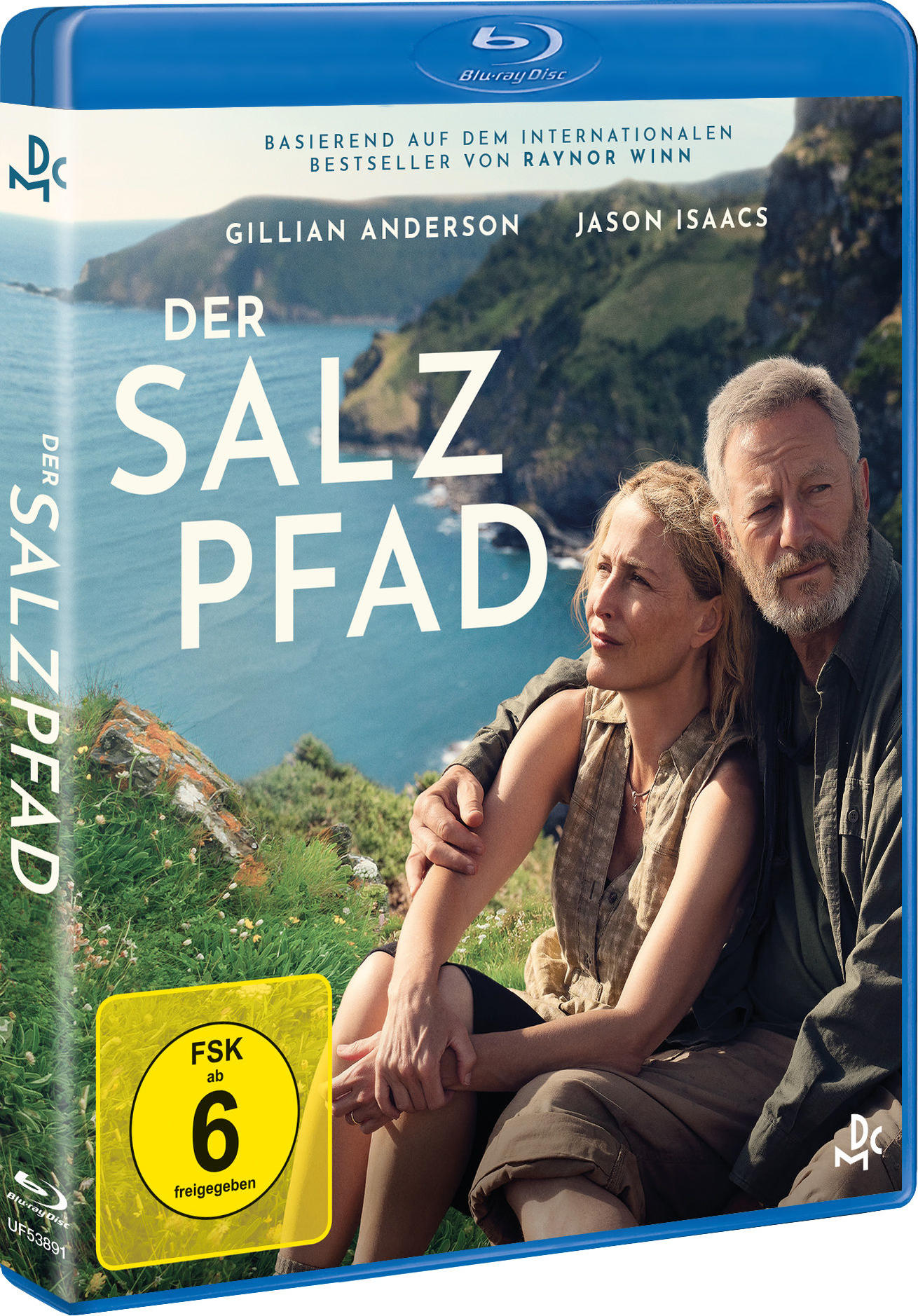 Blu-ray-Cover. Eine Frau und ein Mann sitzen auf einem Hügel. Der Titel lautet 'Der Salz Pfad'.