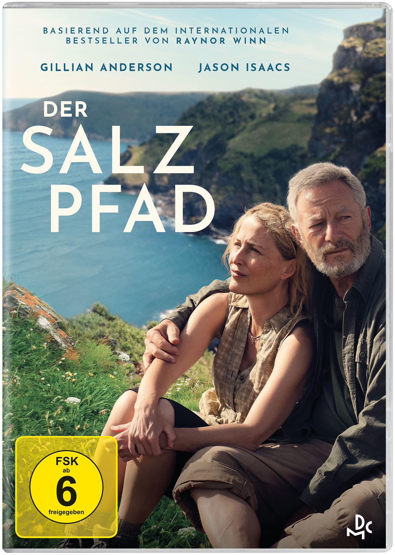 DVD-Cover: Gillian Anderson und Jason Isaacs. Titel 'Der Salz Pfad'. Gelbes Bewertungsschild. Hintergrund: Meer und Klippen.