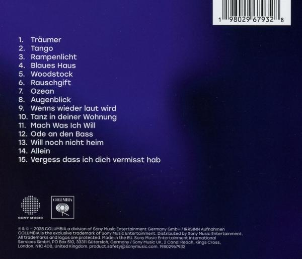 Die Rückseite einer CD-Hülle mit Titelliste, Logo und Barcode. Der Hintergrund ist ein Farbverlauf aus Dunkelblau und Lila.