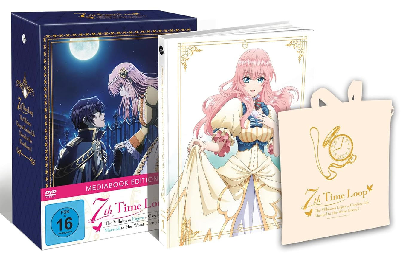 Anime-Box-Set mit drei Charakteren, einer pinkhaarigen Frau in einem Kleid und einem Mann in Uniform. Eine Tragetasche mit einer Uhr.