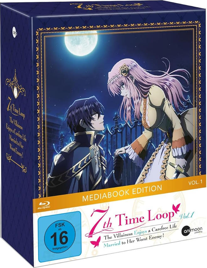 Anime-Box-Art zeigt ein Paar unter einem Mond. Text lautet "7th Time Loop" und "Married to Her Worst Enemy!"