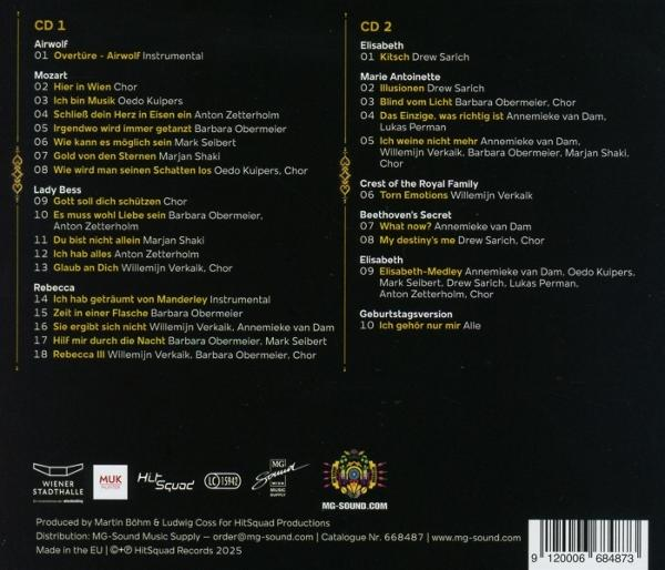CD-Cover. Listet Songs von Airwolf, Mozart, Lady Bess, Rebecca und Elisabeth auf. Enthält Logos und Produktionsdetails.
