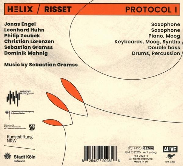 Albumcover mit Text, der Musiker, Instrumente und Musikdetails auflistet. Orange-weißes Farbschema.
