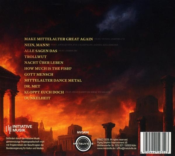 CD-Cover mit Songtiteln und einem feurigen Hintergrund römischer Ruinen, einem Barcode und einem Logo.