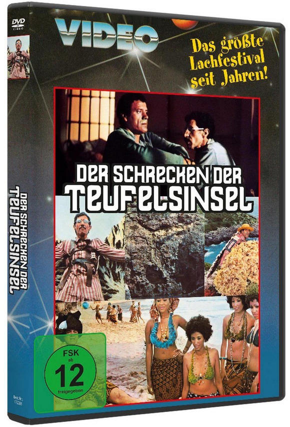 DVD-Cover. Titel: Der Schrecken der Teufelsinsel. Szenen zeigen Männer, einen Mann in Streifen, Strand mit Frauen und grüne Altersfreigabe.