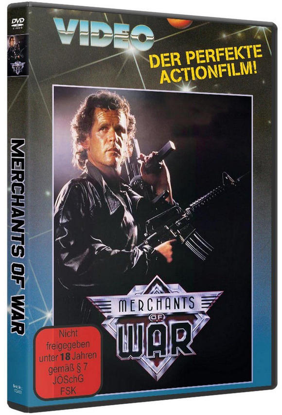DVD-Cover für Merchants of War. Ein Mann hält ein Gewehr und eine Pistole. Der Titel ist silberfarben auf schwarzem Grund.