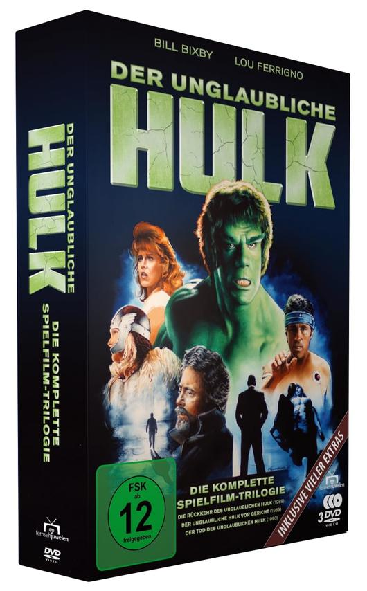 DVD-Box-Set der unglaublichen Hulk-Trilogie. Enthält Hulk und unterstützende Charaktere. Grüner Hulk in der Mitte, andere Schauspieler ringsum.