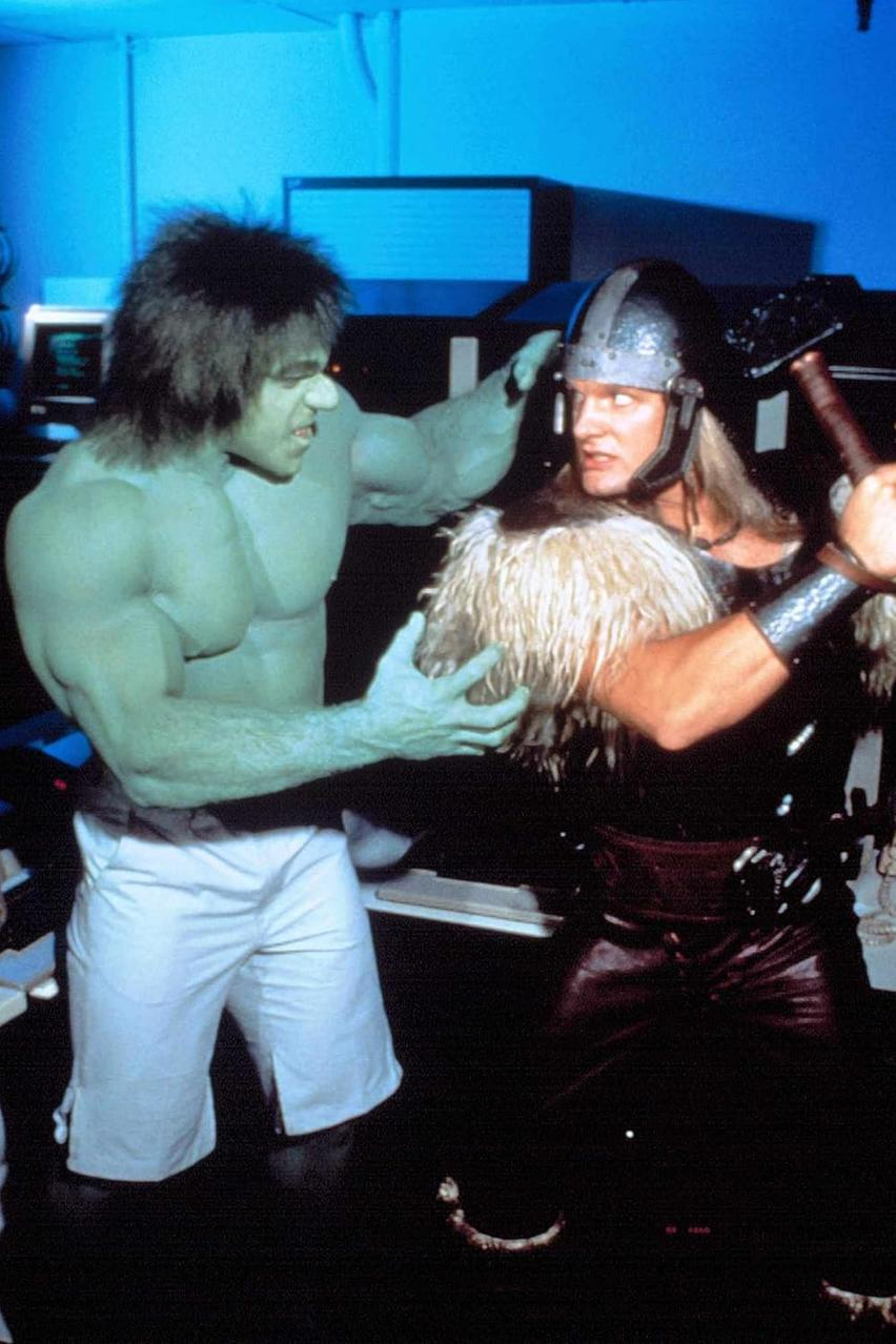 Hulk und Thor stehen sich gegenüber. Hulk in weißen Shorts, grüne Haut. Thor mit Helm, Fell, hält einen Hammer.