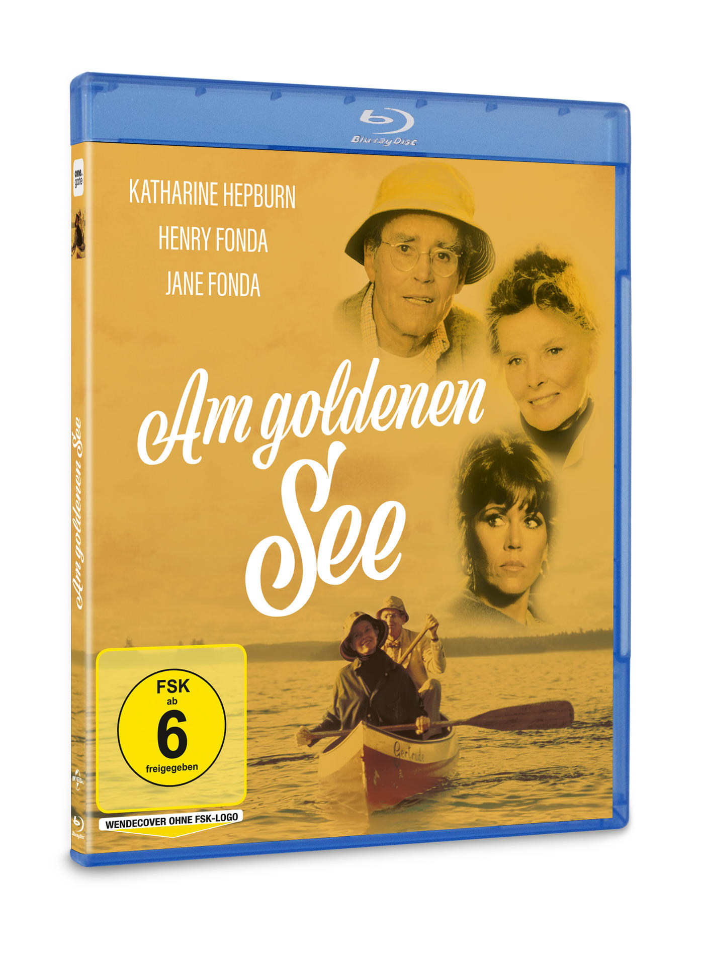 Blu-ray-Cover für 'Am goldenen See' mit Katharine Hepburn, Henry Fonda und Jane Fonda. Im Hintergrund ein Boot auf dem Wasser.