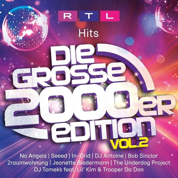CD-Cover mit "Die Grosse 2000er Edition Vol. 2". Mit Künstlern wie No Angels, Bob Sinclar. Pinkes, lilafarbenes und weißes Design.