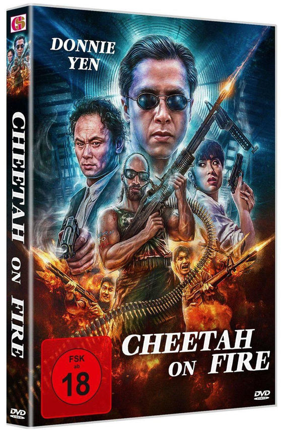 DVD-Cover für "Cheetah on Fire" mit Donnie Yen. Es zeigt Actionposen, Waffen, Explosionen und eine Reihe von Charakteren.