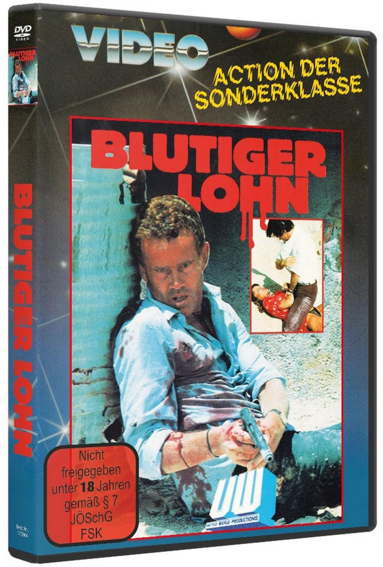 DVD-Hülle des Films 'Blutiger Lohn'. Ein Mann mit Blut auf dem Hemd hält eine Pistole, mit einer kleineren Szene im Ausschnitt.