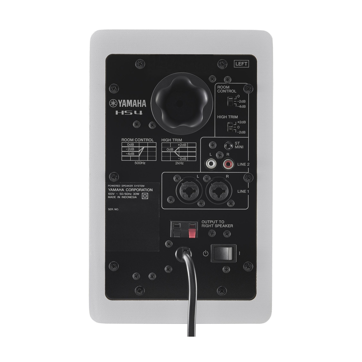 Il pannello posteriore di un monitor da studio Yamaha HS4 mostra controlli, ingressi e interruttore di alimentazione. Pannello nero con cornice bianca.