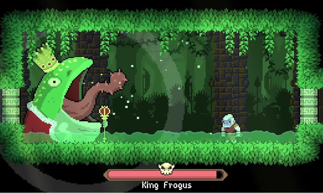 Eine pixelige Szene mit einem Froschkönig mit Krone, der eine kleine Kreatur betrachtet. Ein Gesundheitsbalken unten zeigt 'King Frogus'.