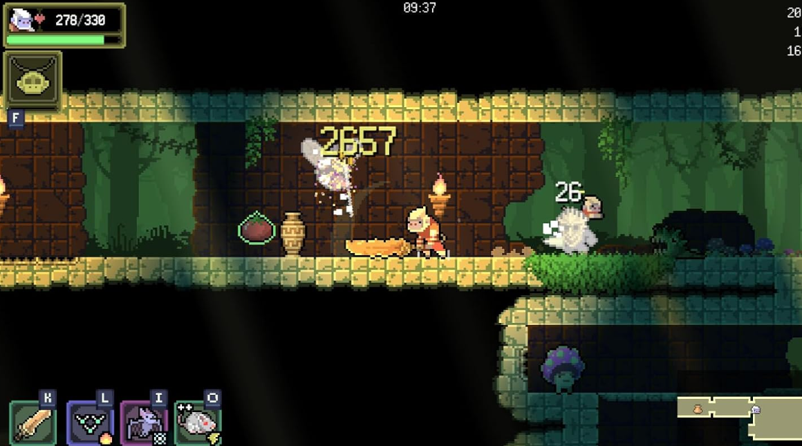 Eine pixelige Spielszene zeigt einen Charakter, der in einem Dungeon gegen Feinde kämpft. Der Charakter greift ein weißes Monster an, wobei eine Schadenszahl angezeigt wird.