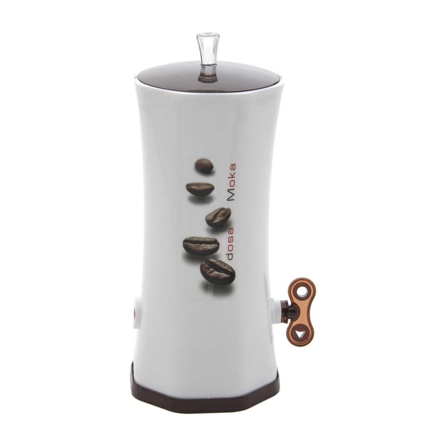 Una caffettiera bianca con coperchio e base marrone. Ha una maniglia a forma di chiave e decalcomanie di chicchi di caffè.