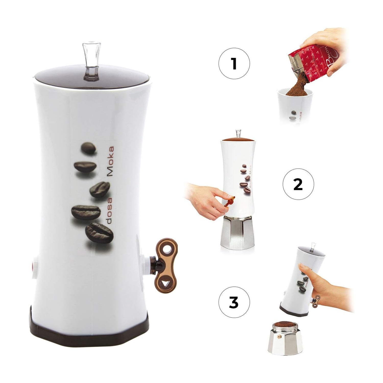 Una caffettiera Moka bianca e marrone. I passaggi mostrano l'aggiunta del caffè macinato e l'assemblaggio del dispositivo. Chicchi di caffè sul lato.
