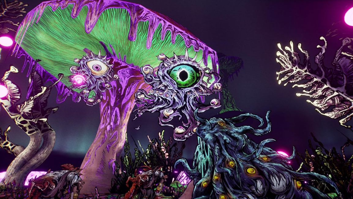 Fantasieszene mit riesigen augenartigen Kreaturen auf lila Bäumen und leuchtenden Pilzen in einer dunklen, surrealen Umgebung.