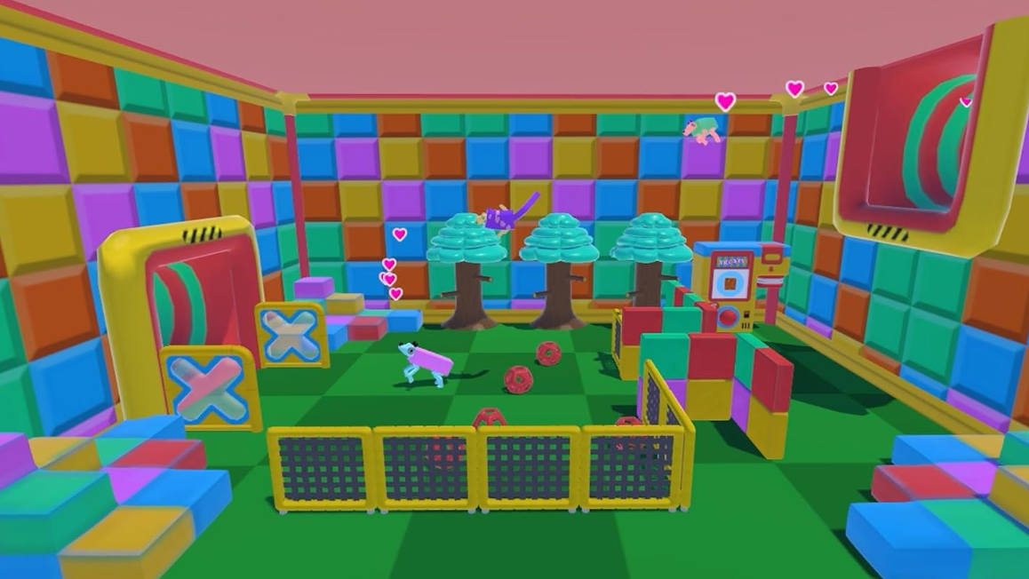 Buntes Zimmer mit Bäumen, Hund und Bällen. Wände haben Quadrate in verschiedenen Farben. Herzen schweben. Eine Spielumgebung.