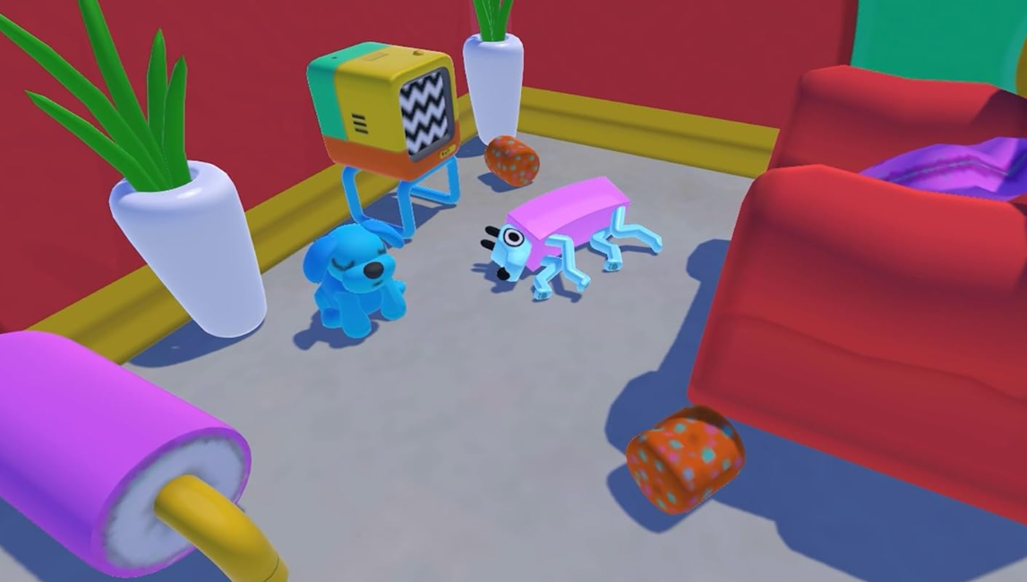 Eine Zeichentrickszene mit einem blauen Hund, einem rosa Käfer, einem Retro-TV und einer roten Couch. Bunte Umgebung mit Topfpflanzen und runden Objekten.