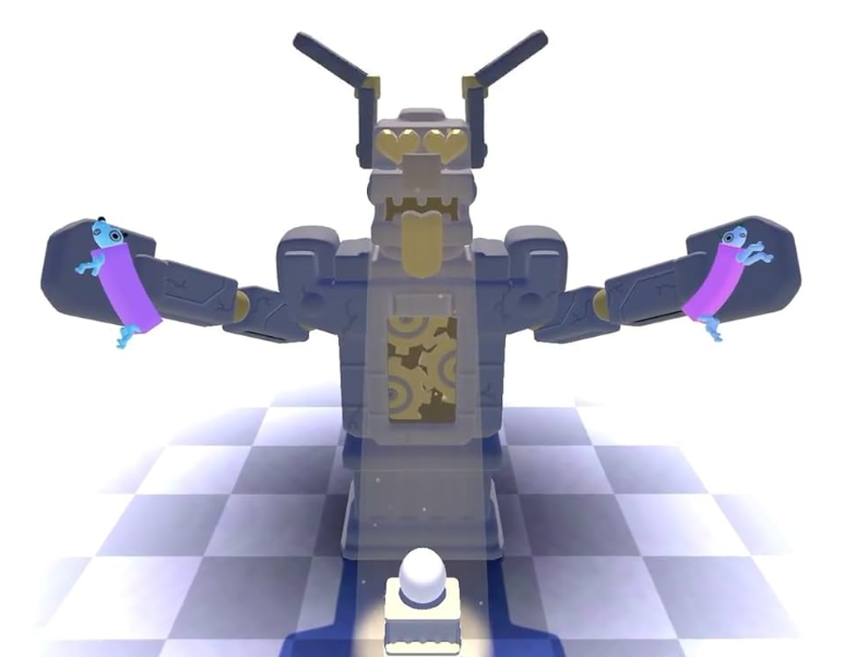 Ein Roboter hält zwei blaue Kreaturen mit lila Umhängen. Der Roboter ist grau mit goldenen Akzenten. Darunter ein karierter Boden.