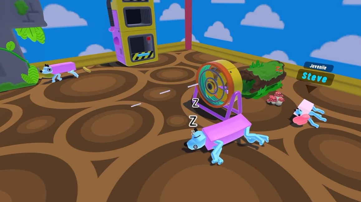 Cartoon-Szene mit schlafenden blauen Hunden, einem Hamsterrad, Pilzen und einem Automaten. Der Hintergrund ist ein blauer Himmel.