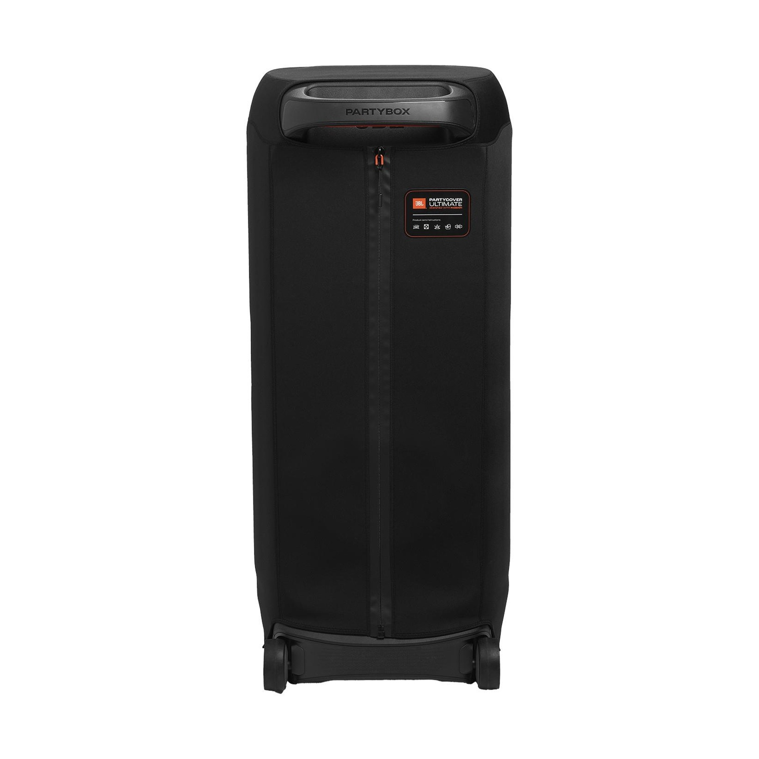 Altoparlante JBL PartyBox nero con ruote e maniglia. Ha una zip sul davanti e un logo laterale.