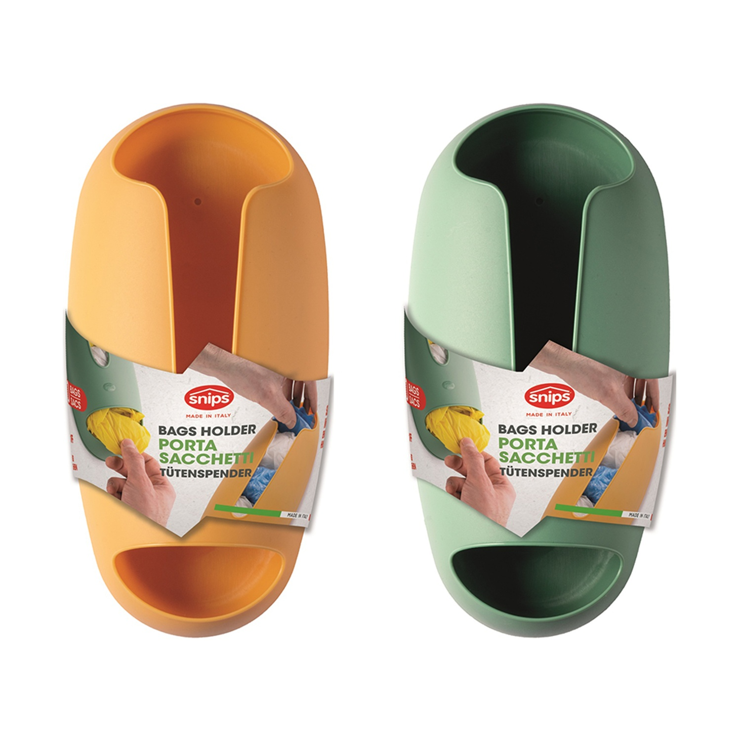 Due porta sacchetti di plastica, uno arancione e uno verde, con etichette di prodotto. Ognuno ha un design curvo e un'apertura nella parte inferiore.