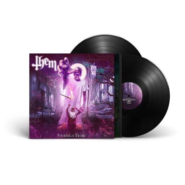 Albumcover mit zwei schwarzen Schallplatten. Das Cover zeigt eine surreale Szene mit Figuren und dem Text "Psychedelic Enigma".