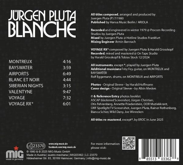 Albumcover mit Text: JÜRGEN PLUTA BLANCHE. Trackliste, Credits und MIG-Logo sind sichtbar.