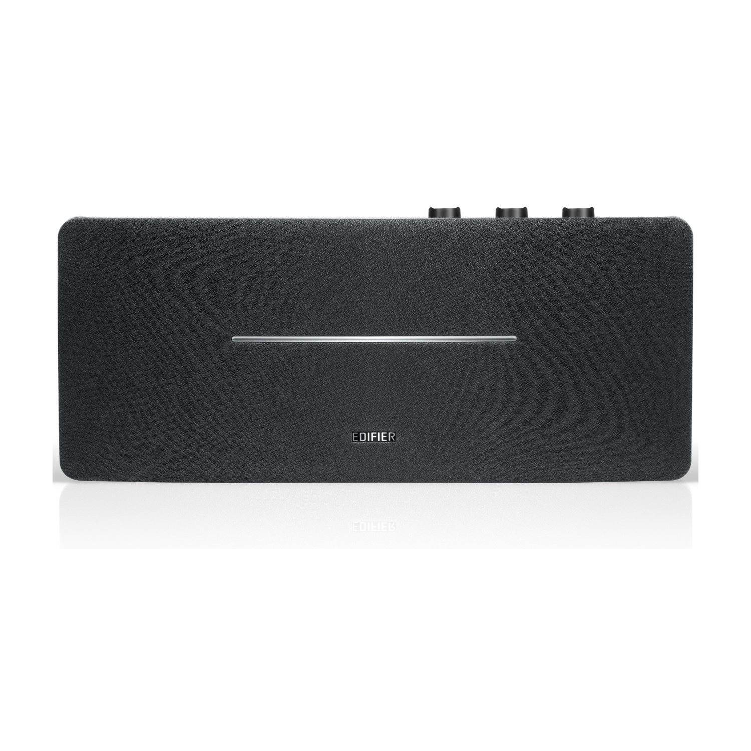 Una soundbar Edifier nera su sfondo bianco. Ha una linea argentata e tre manopole in alto. Il logo Edifier è visibile.
