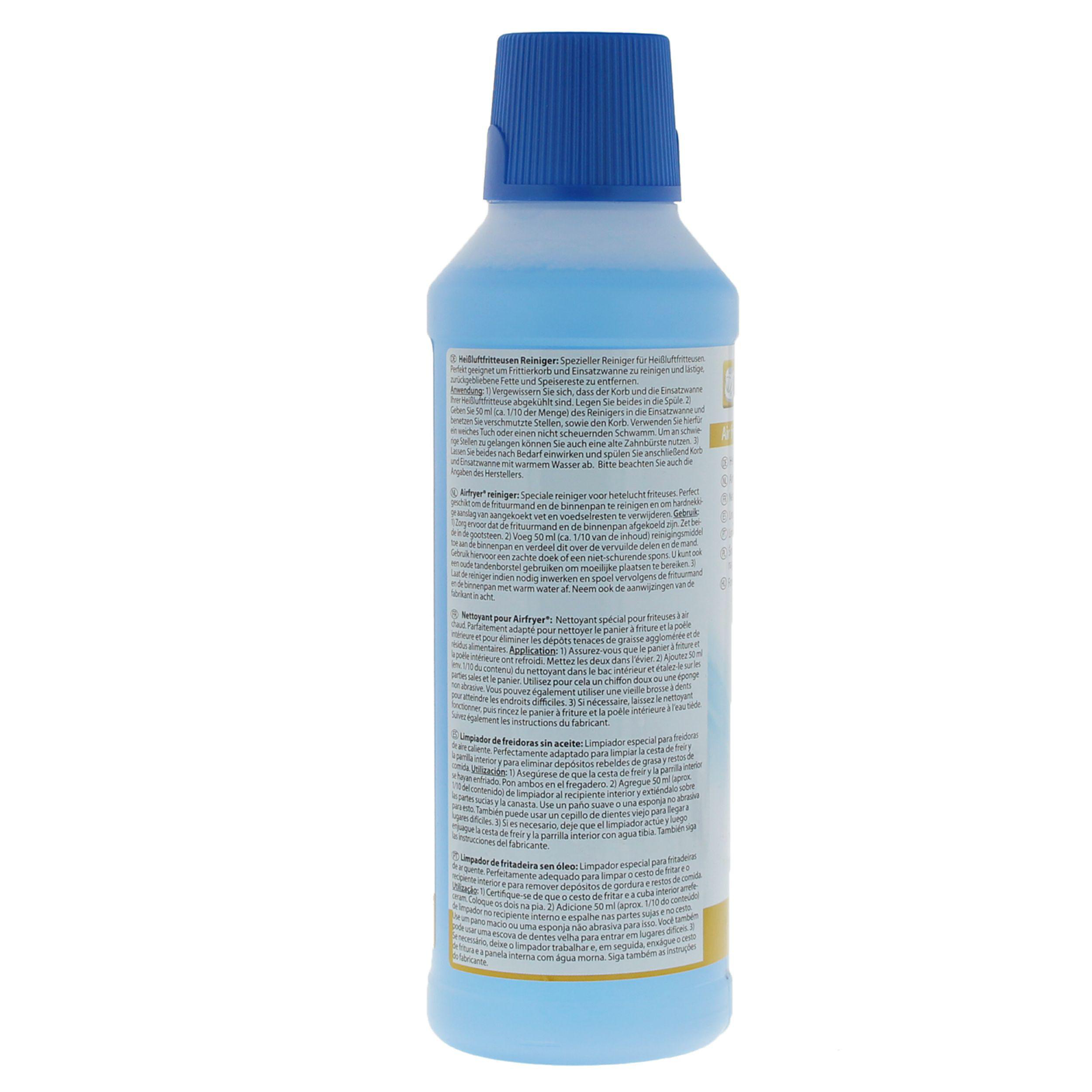 Blaue Flasche mit Reinigungsmittel, weißem Etikett und Text. Oben ein blauer Deckel.