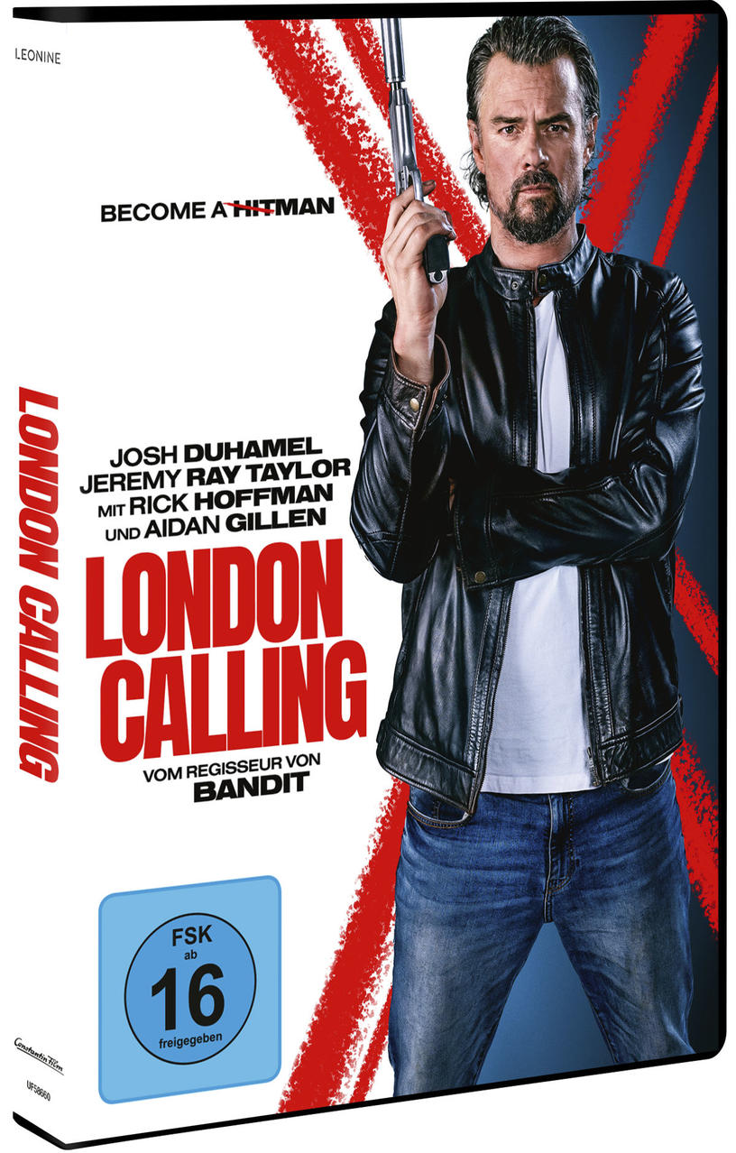 Ein Mann in einer schwarzen Lederjacke hält eine Waffe. Der Filmtitel "London Calling" steht in roten Buchstaben.