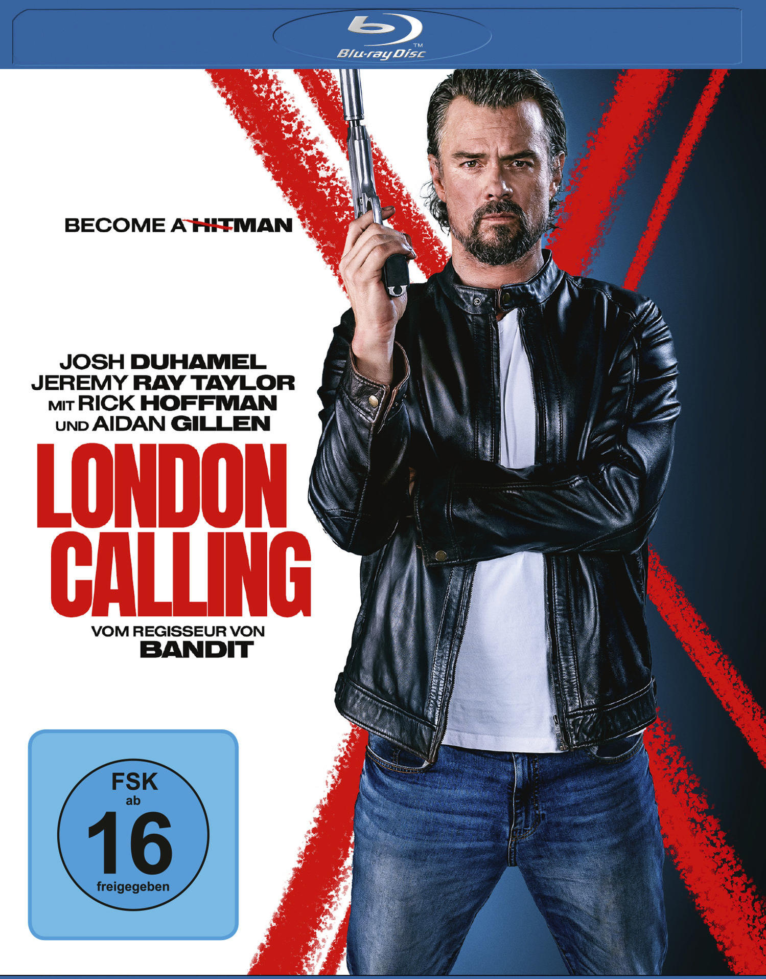 Filmposter für 'London Calling'. Ein Mann mit Waffe, Lederjacke und Text: 'Become a Hitman', 'London Calling'.