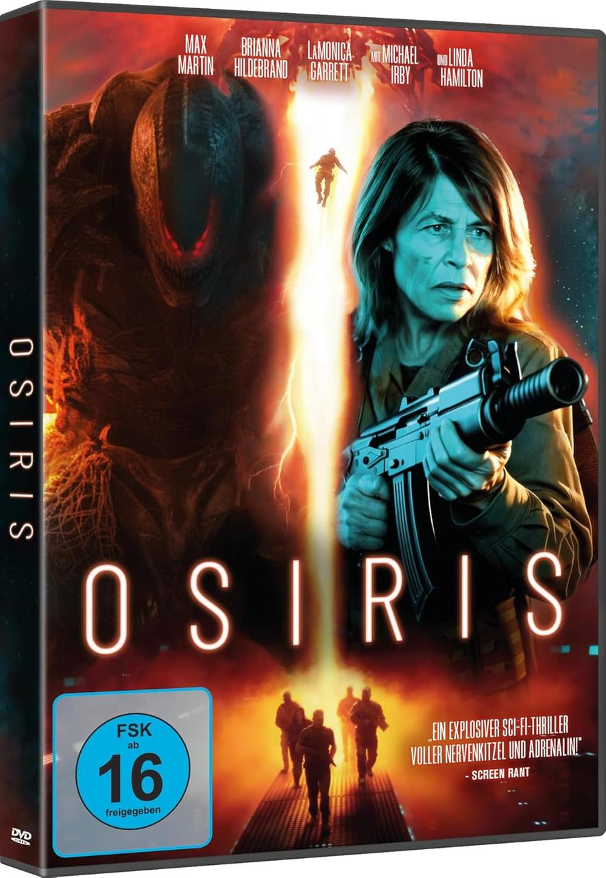 Filmplakat von Osiris. Linda Hamilton hält eine Waffe, im Hintergrund eine alienartige Figur. Helles Licht und Text sind sichtbar.