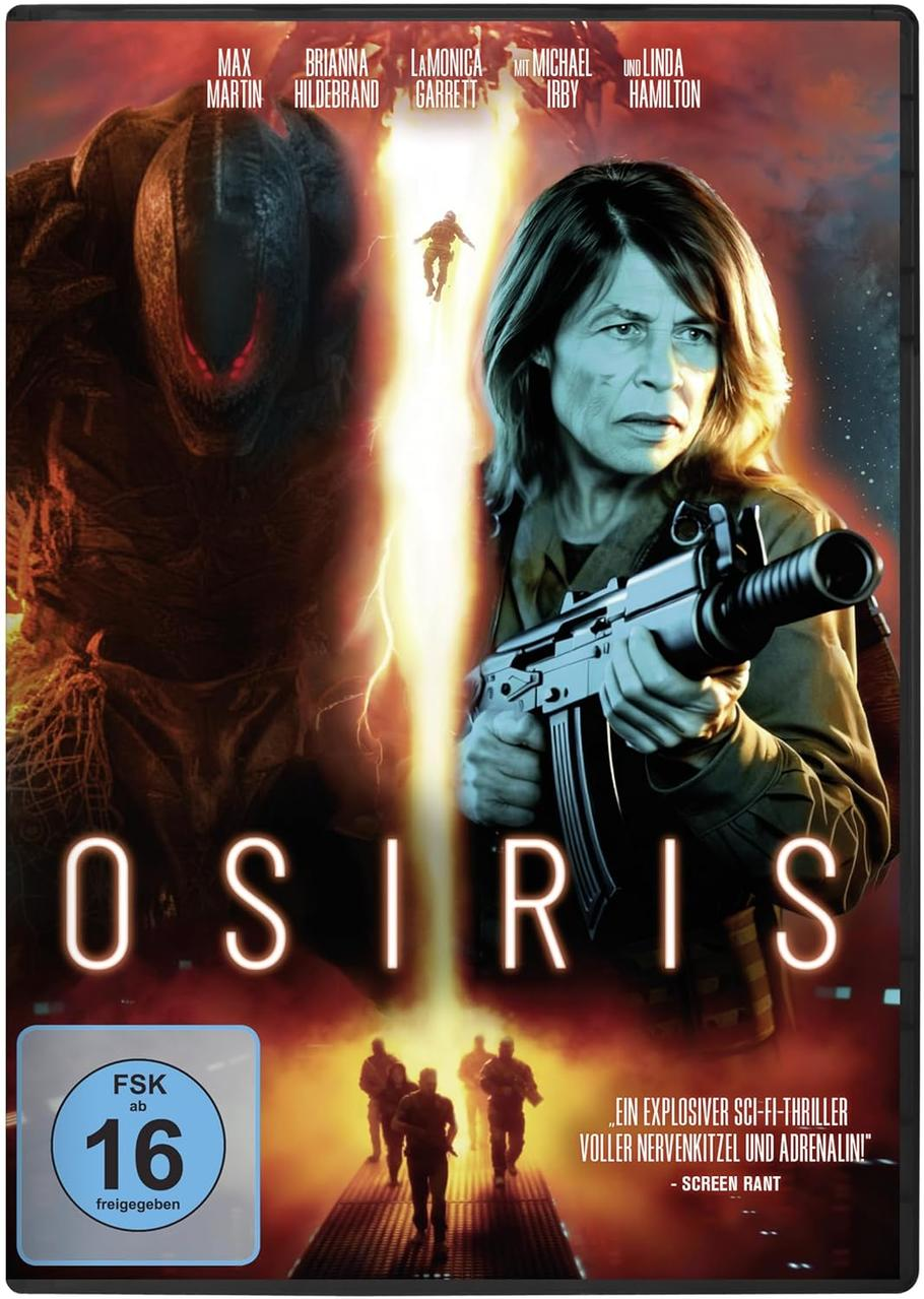 Filmposter für 'Osiris' mit Linda Hamilton, die eine Waffe hält. Sci-Fi-Thema mit einem großen Wesen und Figuren.