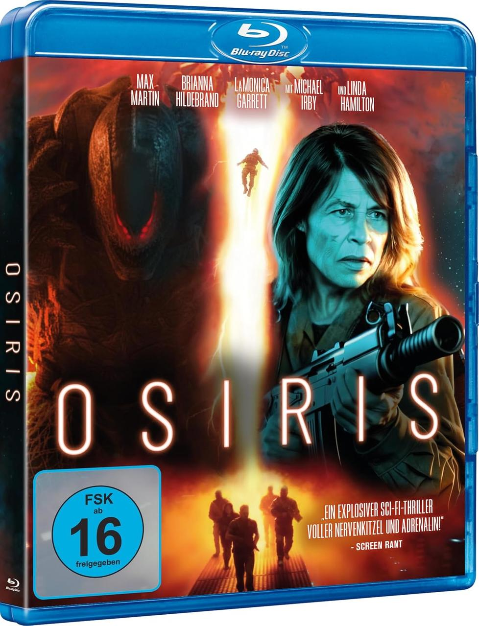 Blu-ray-Cover für Osiris. Enthält Schauspielernamen, eine Frau mit einer Waffe und Figuren im Hintergrund. Fetter Titel 'OSIRIS'.