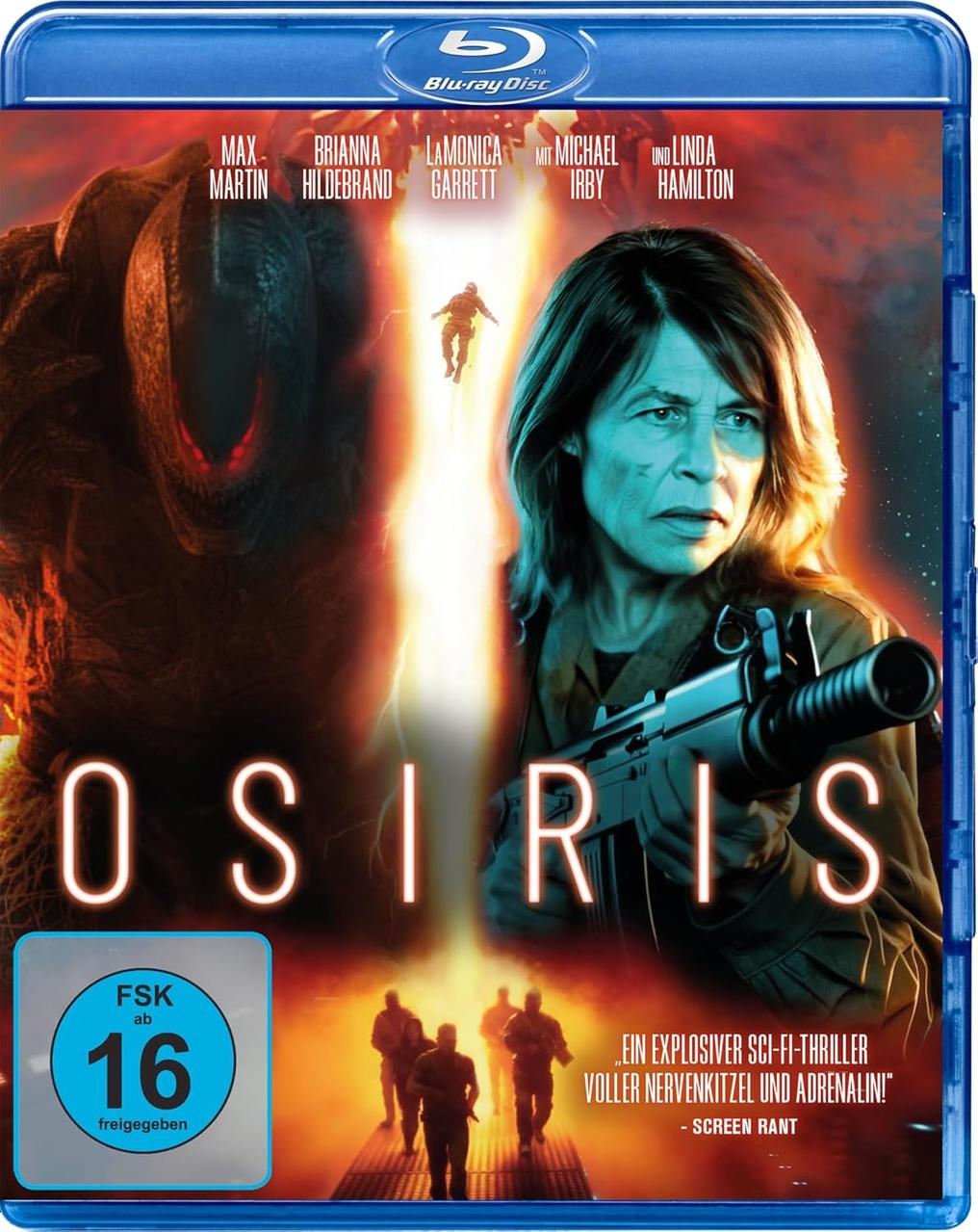 Blu-ray-Disc-Cover für 'OSIRIS'. Zeigt Schauspieler, eine Frau mit einer Waffe und Sci-Fi-Actionfiguren in einer feurigen Szene.
