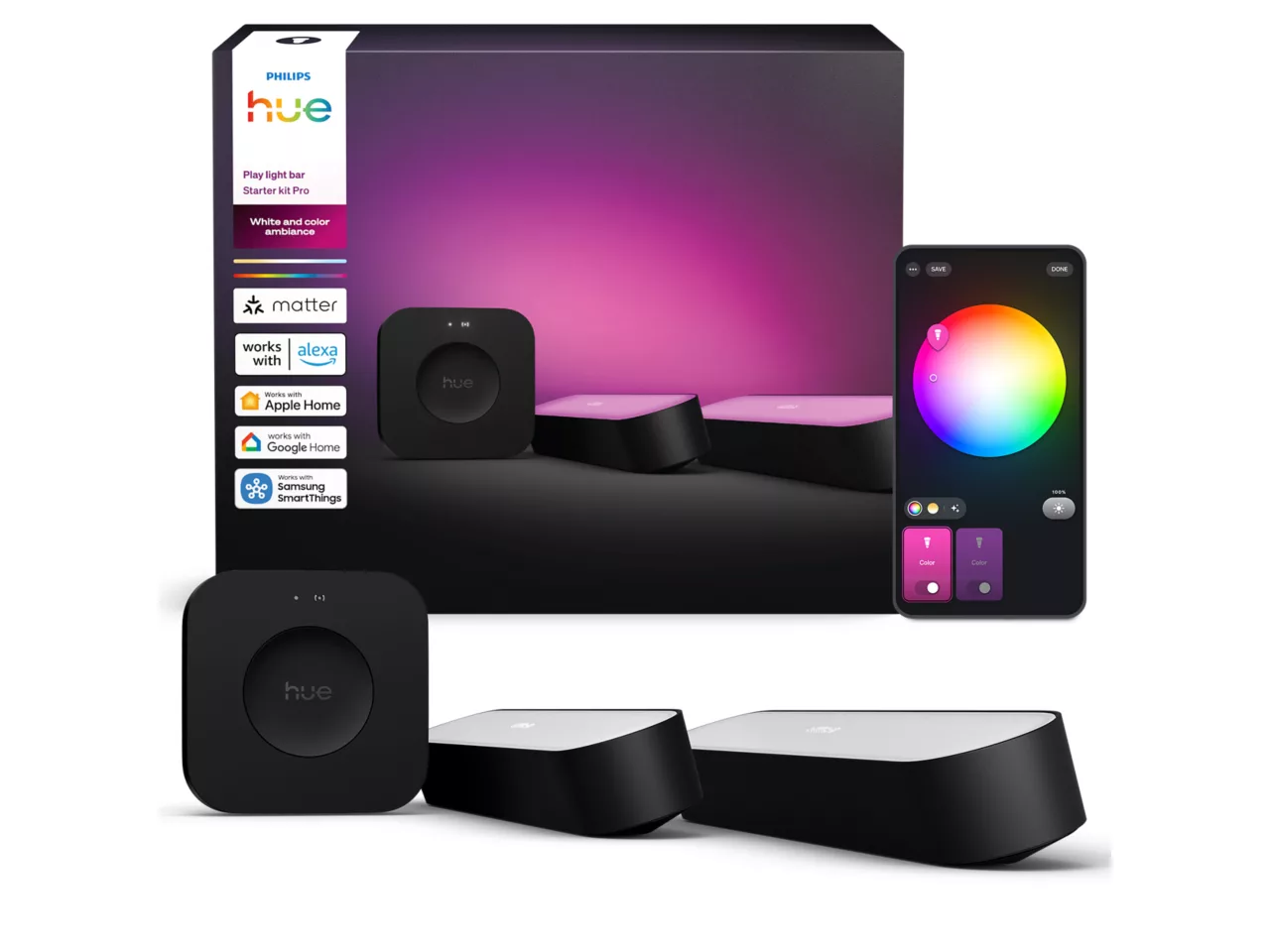 Philips Hue Starter-Kit Pro mit Lichtern, einem Telefon mit Farboptionen und zwei schwarzen Steuerzentralen. Verpackung oben.