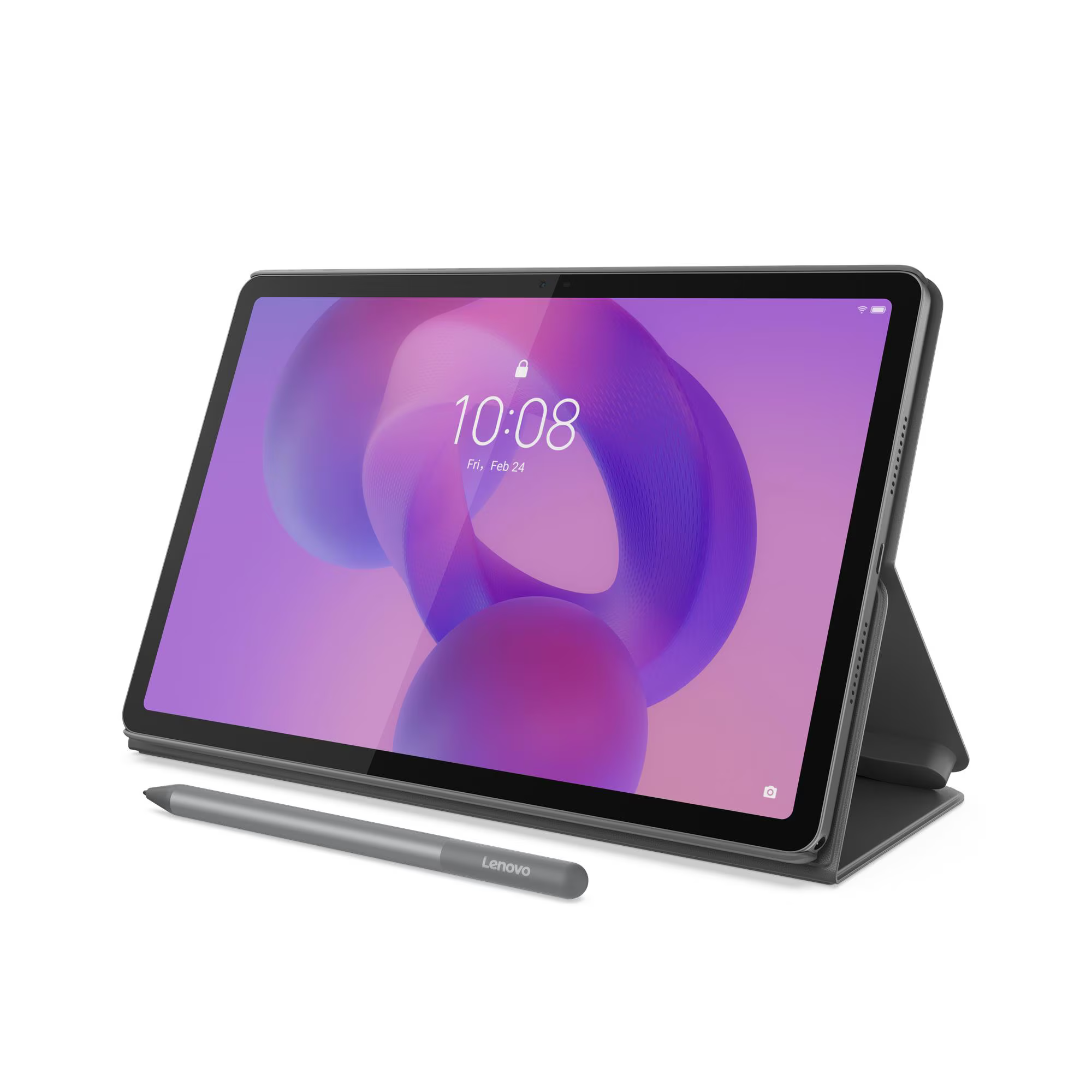 Tablet tollal. A képernyőn az idő és a dátum látható. Szürke toll és tablet fehér háttéren. A tablet tokja fekete.