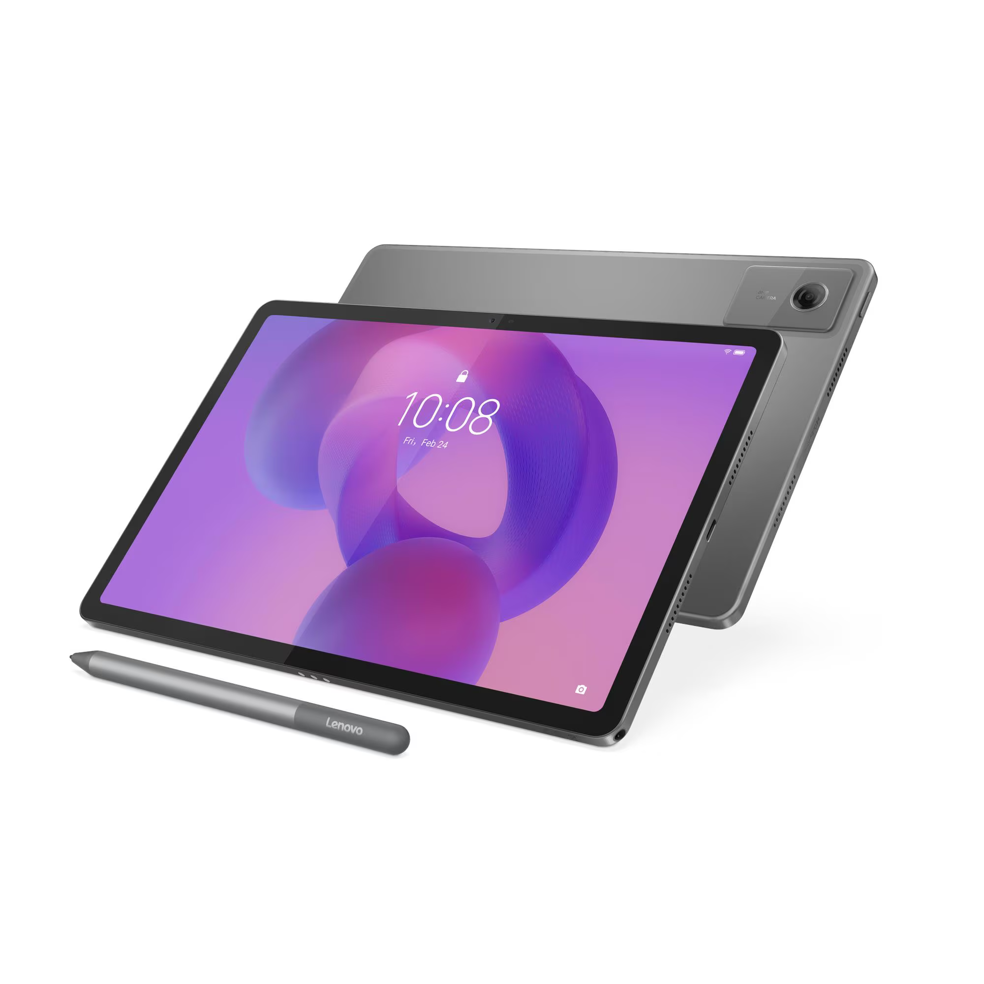 Egy Lenovo tablet látható, tollal. A képernyő lila hátteret mutat, idővel és dátummal.