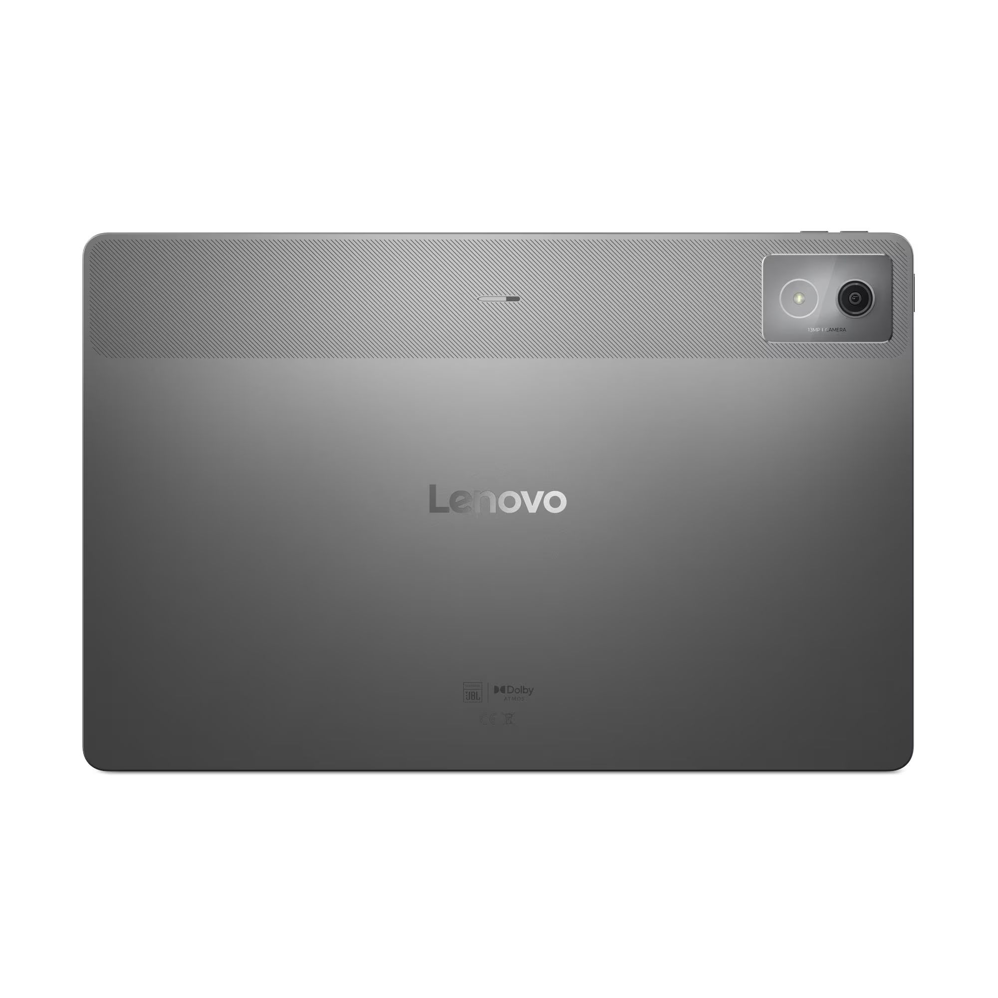 Szürke Lenovo tablet hátlap, Lenovo logóval, kamerával, JBL és Dolby Atmos márkajelzéssel.