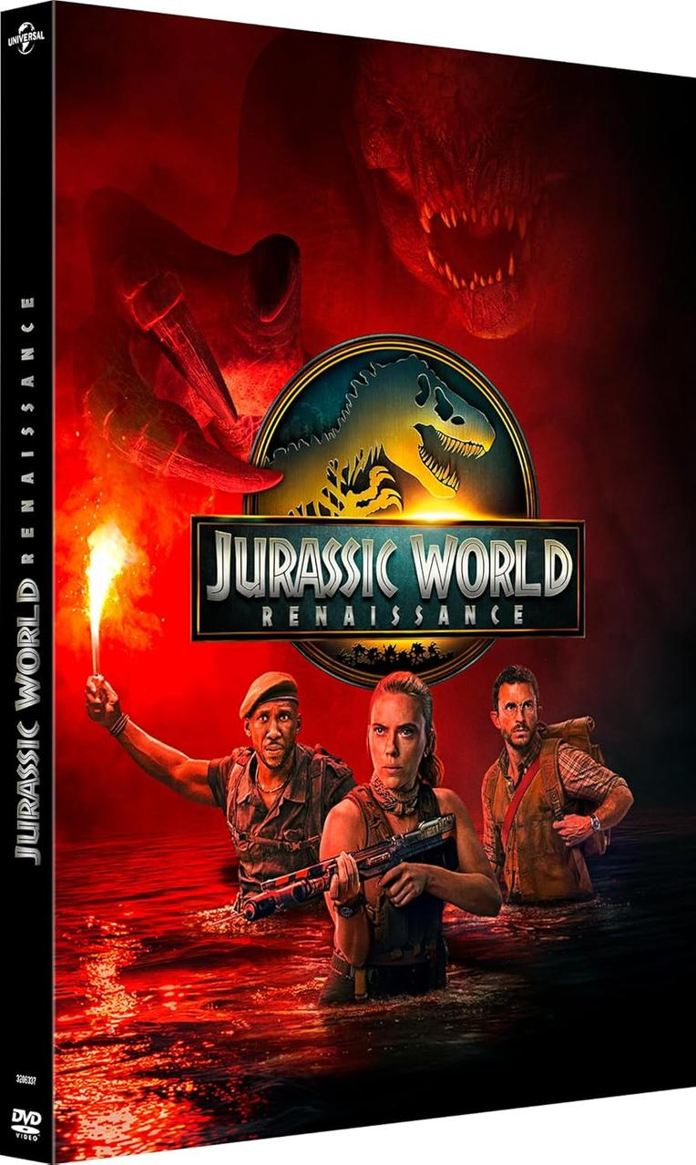 Poster voor Jurassic World Renaissance. Toont drie mensen in het water, een dinosauruslogo en een dreigende dinosauruskop op de achtergrond.
