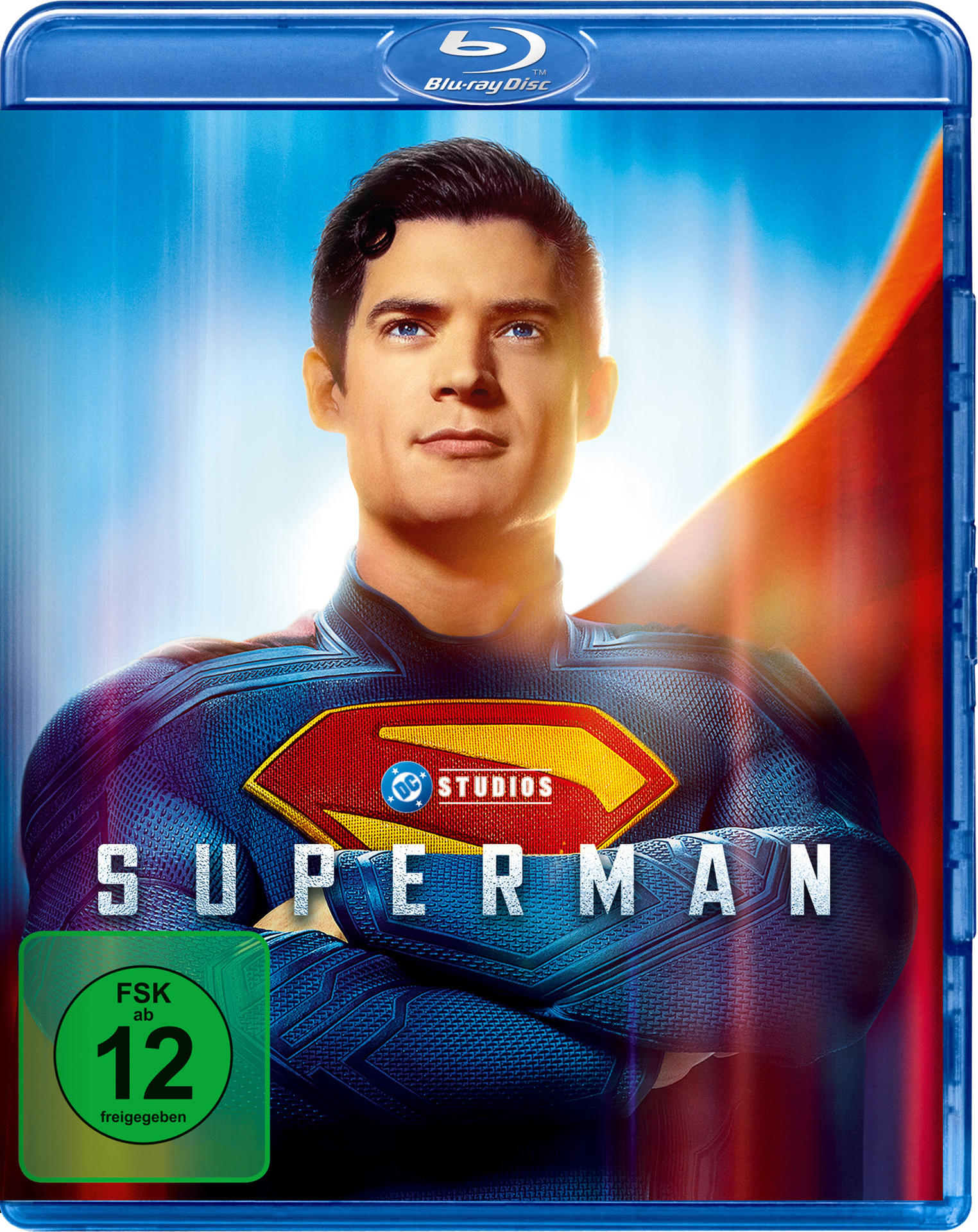Superman Blu-ray-Cover. Mann im Anzug mit Logo. Rotes und gelbes Schild. Titel 'Superman'.