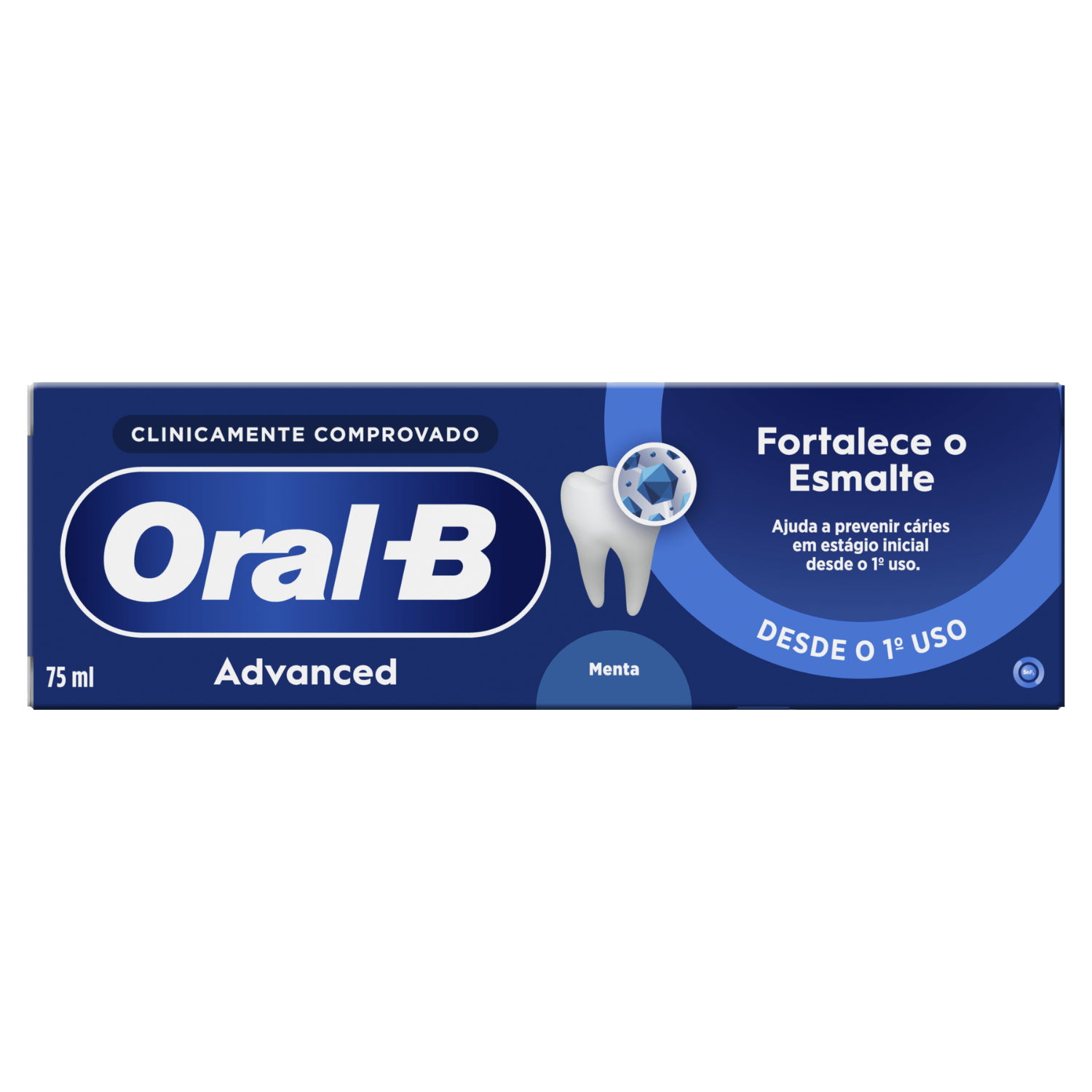 Se ve un tubo de pasta de dientes. Es azul con texto blanco, y la marca es Oral-B. Dice 'Advanced' y 'Menta' con una imagen de un diente.