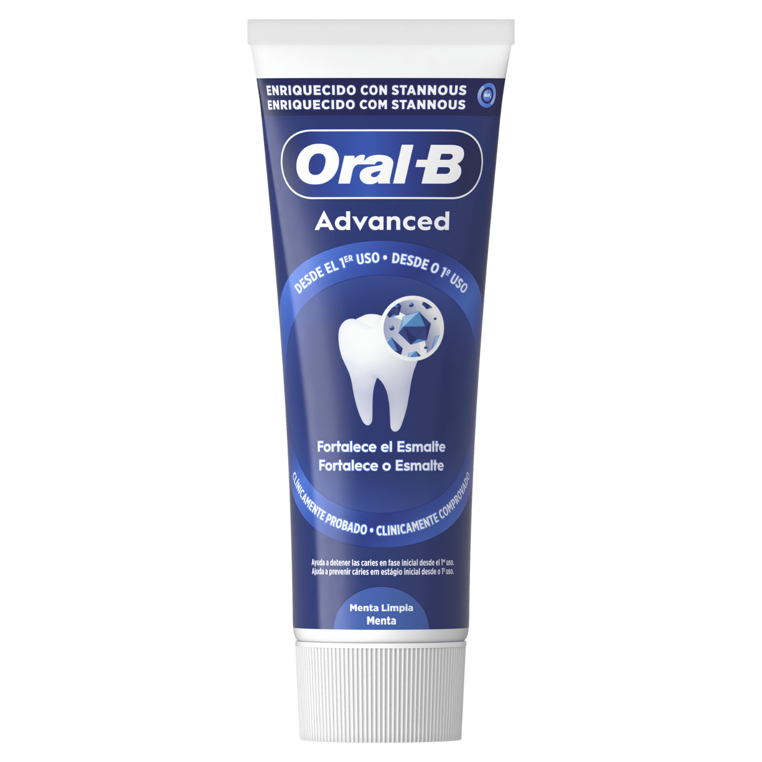 Tubo de pasta dental Oral-B Advanced. Azul y blanco con texto en español y portugués. Presenta un gráfico de diente y sabor a menta.