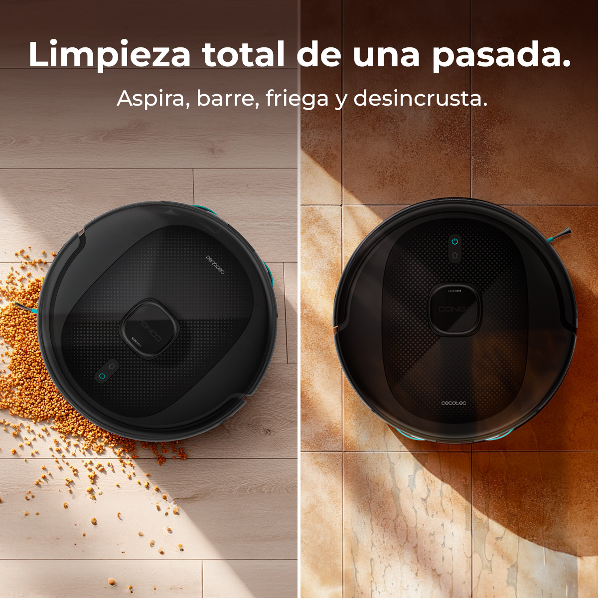 Dos aspiradoras robóticas en suelos de madera y baldosas. Una aspira granos, la otra está limpia. Texto: 'Limpieza total de una pasada'.